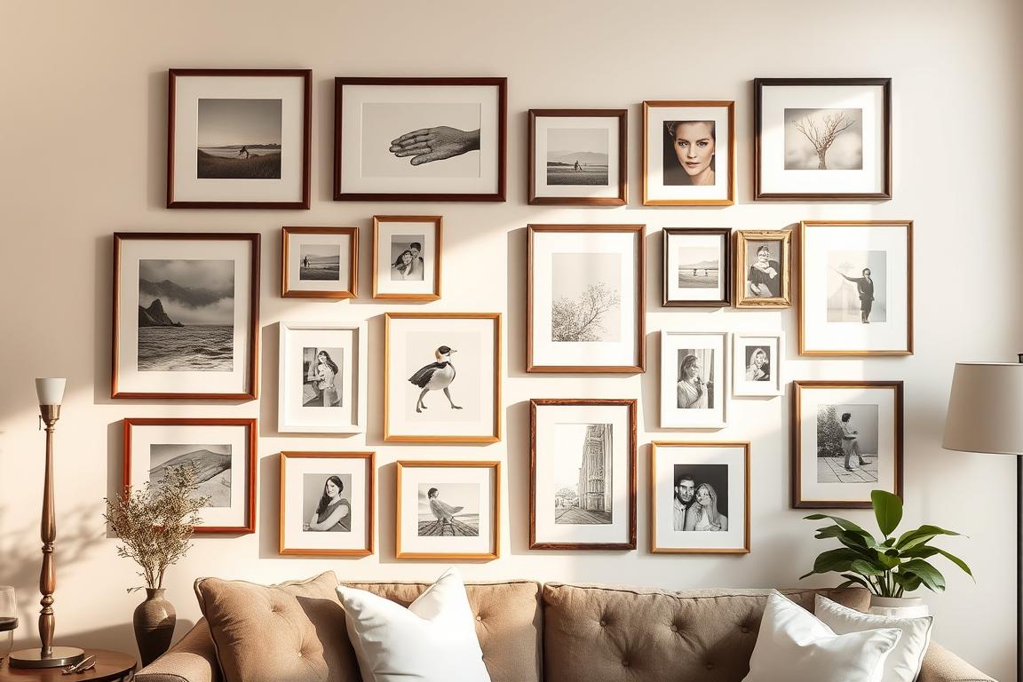 A tastefully arranged gallery wall, featuring a harmonious selection of framed artworks, photographs, and decorative elements. The composition showcases a balanced asymmetrical layout, with each piece thoughtfully positioned to create a visually compelling display. Warm, natural lighting casts gentle shadows, accentuating the textures and depths of the various frames. The overall aesthetic is one of elegant simplicity, inviting the viewer to explore the unique stories and memories captured within the individual pieces. The arrangement exudes a sense of personalized style, reflecting the homeowner's artistic sensibilities and creating a captivating focal point within the living space.