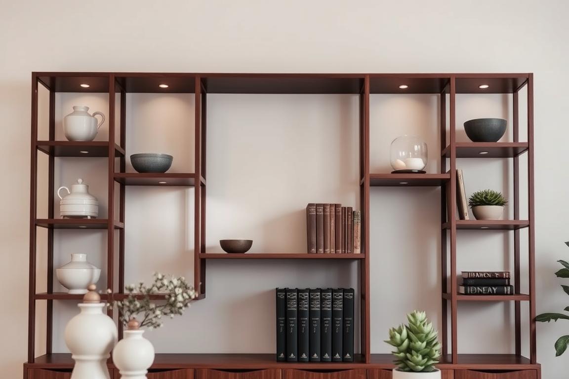A tastefully curated open shelving unit, its sleek wooden frames showcasing an array of carefully selected decorative pieces. In the foreground, delicate ceramic vases and potted succulents lend a natural, serene ambiance. The middle ground features a collection of hardcover books, their spines in muted, earthy tones, complementing the overall minimalist aesthetic. Subtle lighting casts a warm, diffused glow, accentuating the textures and creating an inviting, relaxed atmosphere. The background is a simple, neutral-toned wall, allowing the shelving unit to take center stage as the focal point. This image captures the essence of practical, visually appealing storage solutions that elevate the overall living space. A tastefully curated open shelving unit, its sleek wooden frames showcasing an array of carefully selected decorative pieces. In the foreground, delicate ceramic vases and potted succulents lend a natural, serene ambiance. The middle ground features a collection of hardcover books, their spines in muted, earthy tones, complementing the overall minimalist aesthetic. Subtle lighting casts a warm, diffused glow, accentuating the textures and creating an inviting, relaxed atmosphere. The background is a simple, neutral-toned wall, allowing the shelving unit to take center stage as the focal point. This image captures the essence of practical, visually appealing storage solutions that elevate the overall living space.