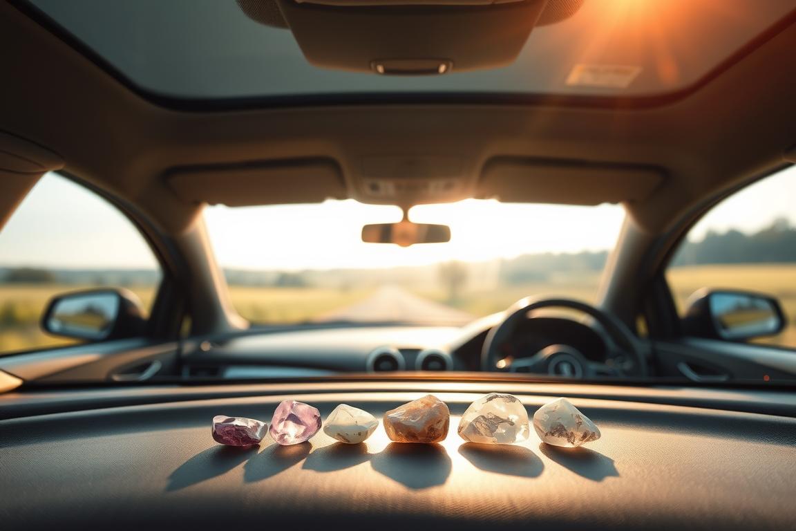 A tranquil car interior, bathed in warm, natural lighting filtering through the windshield. In the foreground, a neatly arranged collection of various types of healing stones - amethyst, rose quartz, and clear quartz - resting peacefully on the dashboard. The middle ground reveals a minimalist, modern dashboard design, with clean lines and muted tones complementing the stones. The background gently blurs, suggesting a serene, countryside landscape visible through the car's windows. The overall scene conveys a sense of calm, contemplation, and the integration of holistic wellness practices into the everyday driving experience.