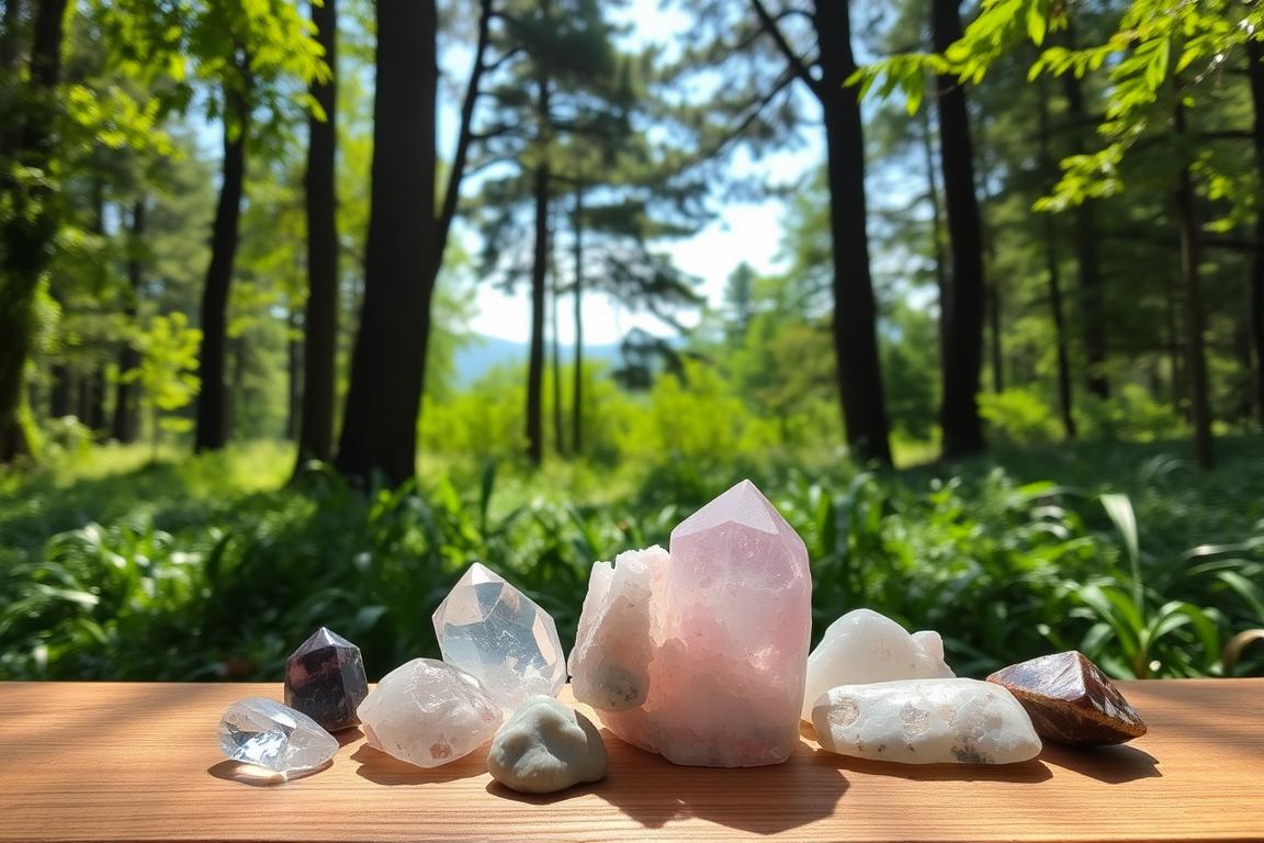 A tranquil forest glade, sun-dappled and serene. In the foreground, an arrangement of various healing crystals - quartz, amethyst, and a striking Heilstein-Wahl, its soft pink hues catching the light. The crystals are carefully positioned on a natural wooden surface, creating a harmonious display. In the middle ground, lush greenery frames the scene, with towering trees reaching up to a hazy, azure sky. A sense of balance and connection to nature pervades the composition, inviting the viewer to find their own resonance with the carefully selected Heilstein-Wahl. The overall mood is one of introspection, healing, and the serendipitous discovery of the perfect crystal companion.