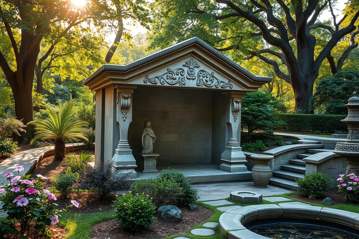 A tranquil garden altar, nestled amidst lush greenery and blooming flowers. The structure is made of weathered, natural stone, its surface adorned with intricate carvings and worn by the elements. Sunlight filters through the canopy of trees, casting a warm, golden glow upon the scene. In the foreground, a small statue or figurine stands watch, its serene expression inviting contemplation. The surrounding landscape is carefully designed, with meandering paths, ornamental shrubs, and a calming water feature. The atmosphere is one of quiet contemplation, a sacred space where one can connect with nature and the divine. A tranquil garden altar, nestled amidst lush greenery and blooming flowers. The structure is made of weathered, natural stone, its surface adorned with intricate carvings and worn by the elements. Sunlight filters through the canopy of trees, casting a warm, golden glow upon the scene. In the foreground, a small statue or figurine stands watch, its serene expression inviting contemplation. The surrounding landscape is carefully designed, with meandering paths, ornamental shrubs, and a calming water feature. The atmosphere is one of quiet contemplation, a sacred space where one can connect with nature and the divine.