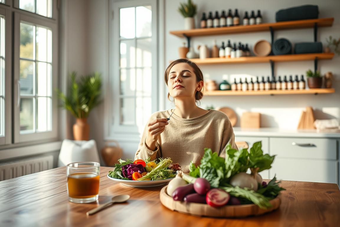 A tranquil kitchen scene with a woman enjoying a nourishing meal, surrounded by elements of self-care. In the foreground, a wooden table holds a plate of vibrant, colorful vegetables, a cup of herbal tea, and a scented candle. The woman, dressed in comfortable, earthy tones, sits peacefully, her eyes closed as she savors each bite, immersed in the moment. Soft, natural lighting filters through large windows, casting a warm glow and emphasizing the serene atmosphere. In the background, shelves display various wellness-focused items, such as essential oils, yoga mats, and natural beauty products, creating a harmonious balance between mindful eating and holistic well-being.