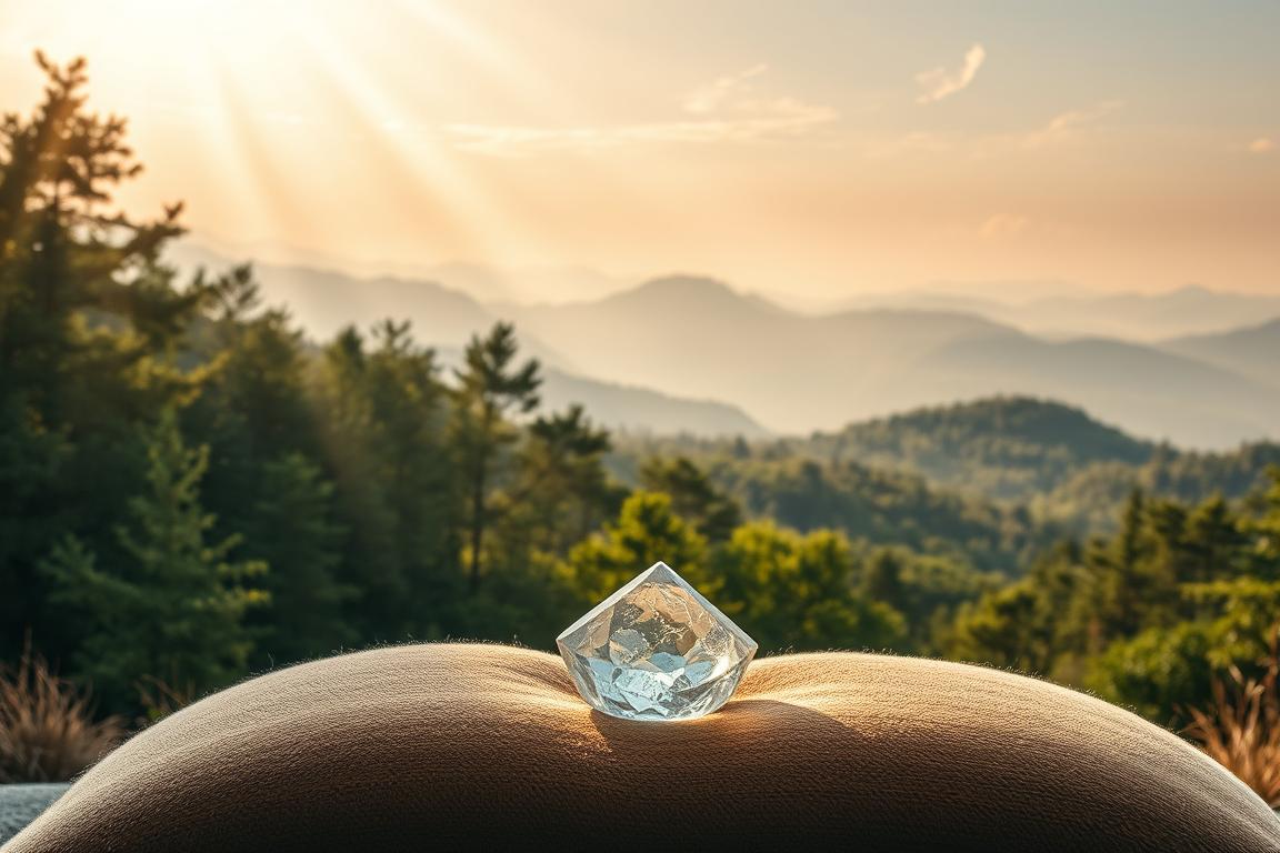 A tranquil landscape of spiritual serenity. In the foreground, a serene crystal gemstone, radiating an ethereal glow, rests upon a plush, earthy cushion. Shafts of warm, golden light filter through a lush, verdant forest canopy in the middle ground, casting a soft, mystical ambiance. In the distance, rolling hills and a horizon of hazy, indigo mountains, infusing the scene with a sense of contemplative solitude. Wispy, ethereal clouds drift above, accentuating the meditative atmosphere. Subtle, nature-inspired textures and a muted color palette evoke a profound, introspective journey with one's cherished healing stone. A tranquil landscape of spiritual serenity. In the foreground, a serene crystal gemstone, radiating an ethereal glow, rests upon a plush, earthy cushion. Shafts of warm, golden light filter through a lush, verdant forest canopy in the middle ground, casting a soft, mystical ambiance. In the distance, rolling hills and a horizon of hazy, indigo mountains, infusing the scene with a sense of contemplative solitude. Wispy, ethereal clouds drift above, accentuating the meditative atmosphere. Subtle, nature-inspired textures and a muted color palette evoke a profound, introspective journey with one's cherished healing stone.