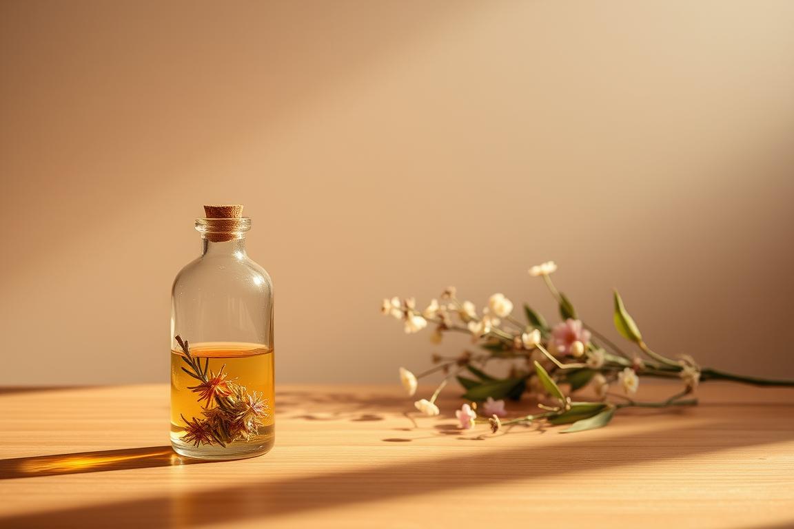 A tranquil, minimalist scene depicting the scientific evidence behind the emotional benefits of aromatherapy. In the foreground, an elegant glass bottle filled with aromatic essential oils sits atop a smooth wooden surface, casting soft shadows. In the middle ground, delicate botanical elements, such as fragrant flowers and leaves, are artfully arranged, hinting at the natural origins of the aromatherapy compounds. The background is a serene, muted gradient, allowing the central elements to take center stage and convey a sense of calm introspection. The lighting is warm and diffused, creating a serene, contemplative atmosphere that reflects the theme of "Wissenschaftliche Erkenntnisse zur Emotionsregulation".
