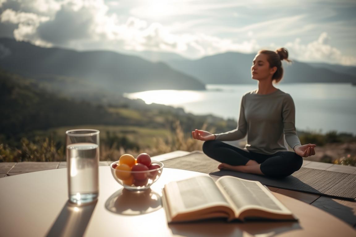A tranquil scene of a person engaging in healthy lifestyle changes to prevent heartburn or stomach discomfort. In the foreground, a person sits cross-legged on a yoga mat, eyes closed in meditative concentration. The middle ground features a table with a glass of water, a bowl of fresh fruit, and a book on mindfulness. In the background, a serene landscape with rolling hills, a calming body of water, and soft natural lighting filtering through wispy clouds. The overall mood is one of peace, balance, and proactive self-care. Captured with a wide-angle lens to convey a sense of calm and wholeness. A tranquil scene of a person engaging in healthy lifestyle changes to prevent heartburn or stomach discomfort. In the foreground, a person sits cross-legged on a yoga mat, eyes closed in meditative concentration. The middle ground features a table with a glass of water, a bowl of fresh fruit, and a book on mindfulness. In the background, a serene landscape with rolling hills, a calming body of water, and soft natural lighting filtering through wispy clouds. The overall mood is one of peace, balance, and proactive self-care. Captured with a wide-angle lens to convey a sense of calm and wholeness.