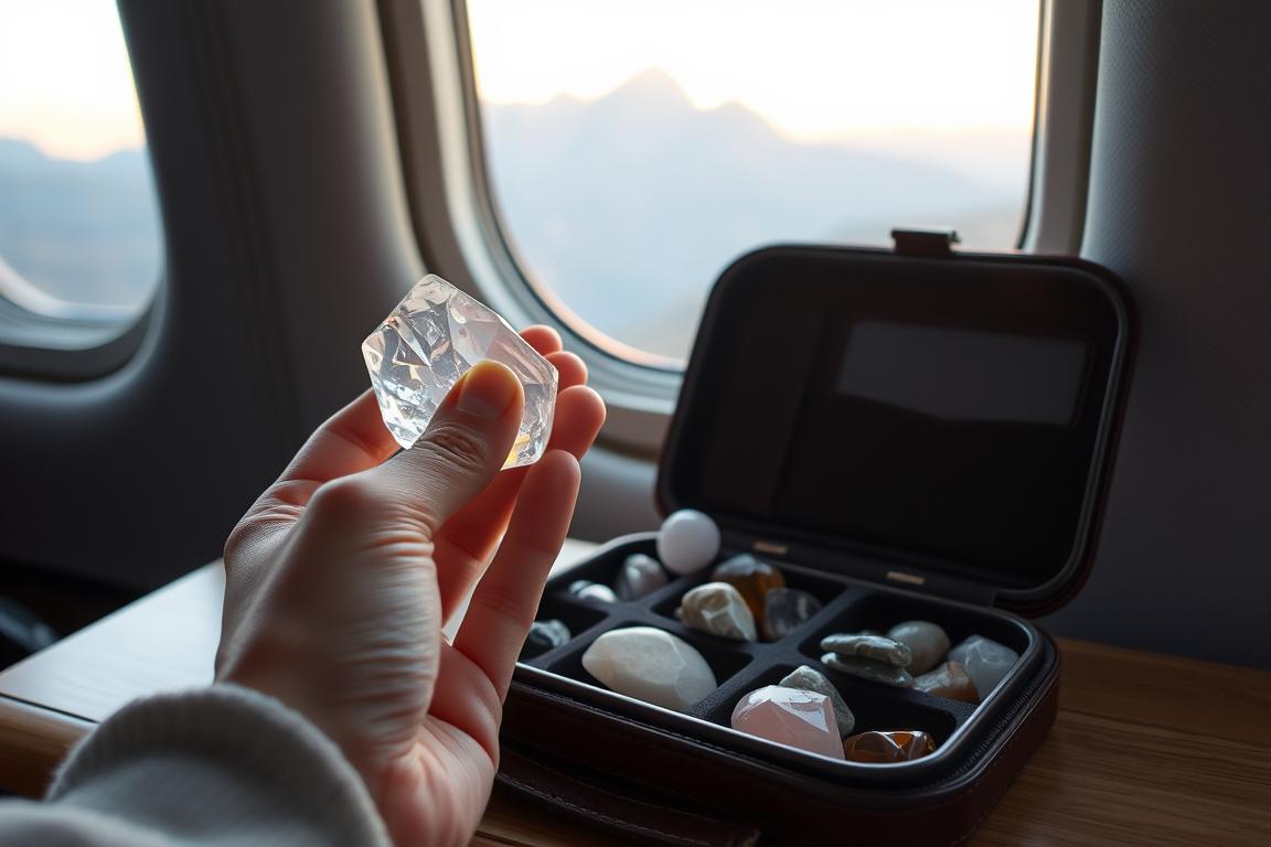 A tranquil scene of a traveler's wellness stone care routine on the go. In the foreground, a delicate hand gently polishes a glimmering crystal quartz, its facets catching the soft, warm light. The middle ground reveals a compact leather-bound case, its compartments neatly housing an assortment of healing stones. In the background, a window frame glimpses the serene landscape outside - a mountainous vista bathed in golden hour hues. The atmosphere exudes a sense of mindfulness, as the traveler takes a moment to tend to their spiritual companions amidst the journey.