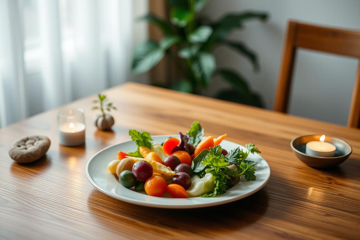 A tranquil scene of a wooden table, adorned with a simple yet elegant place setting. In the foreground, a plate of fresh, colorful vegetables, each item carefully arranged to create a visually appealing composition. Surrounding the plate, various mindfulness-promoting items such as a small plant, a stone, and a calming candle flame. The lighting is soft and natural, casting a warm glow over the scene, evoking a sense of serenity and presence. The background is blurred, allowing the focus to remain on the mindful eating experience. The overall mood is one of intentionality, balance, and a deep appreciation for the nourishment before you.