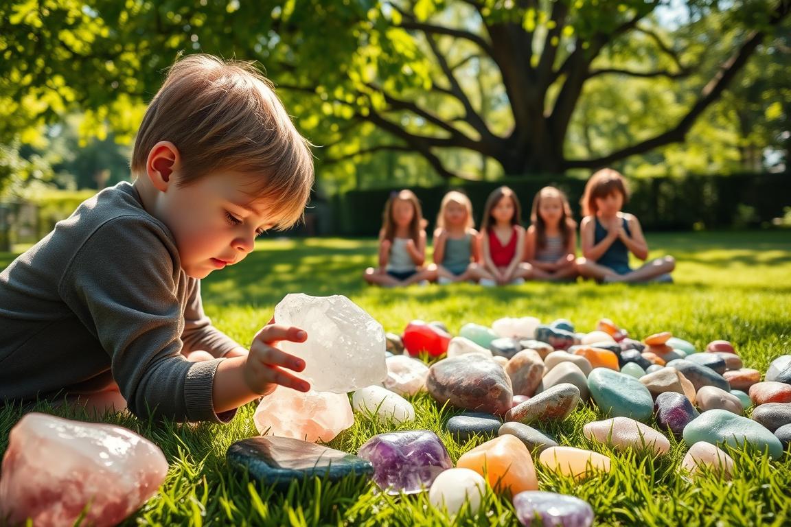 A tranquil scene of children exploring the healing powers of various Heilsteine (healing stones) in a sunlit, serene garden setting. In the foreground, a curious child examines a smooth, polished quartz crystal, their face alight with wonder. Surrounding them, a variety of tumbled stones - amethyst, rose quartz, and jade - are scattered across a lush, verdant lawn. In the middle ground, a group of children sit cross-legged, deeply focused as they hold different Heilsteine, their expressions serene. In the background, a verdant canopy of trees casts a gentle, dappled light, creating a warm, nurturing atmosphere. The overall mood is one of calm, introspection, and the reverent exploration of the natural world's healing properties.