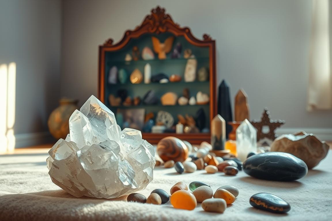 A tranquil, well-lit room featuring a variety of carefully arranged healing crystals and stones. In the foreground, a polished crystal quartz cluster rests on a soft, velvet-lined surface, surrounded by smaller tumbled stones in a range of earthy hues. The middle ground showcases an ornate wooden display case housing a diverse collection of metaphysical specimens, each one showcasing its unique patterns and colors. The background features a soothing, neutral-toned wall, creating a calming, serene atmosphere that evokes a sense of balance and mindfulness. Soft, diffused lighting from a nearby window casts a gentle glow over the scene, highlighting the natural beauty and luminescence of the crystals. The overall composition conveys a reverent, meditative mood, inviting the viewer to appreciate the proper care and preservation of these sacred healing stones.