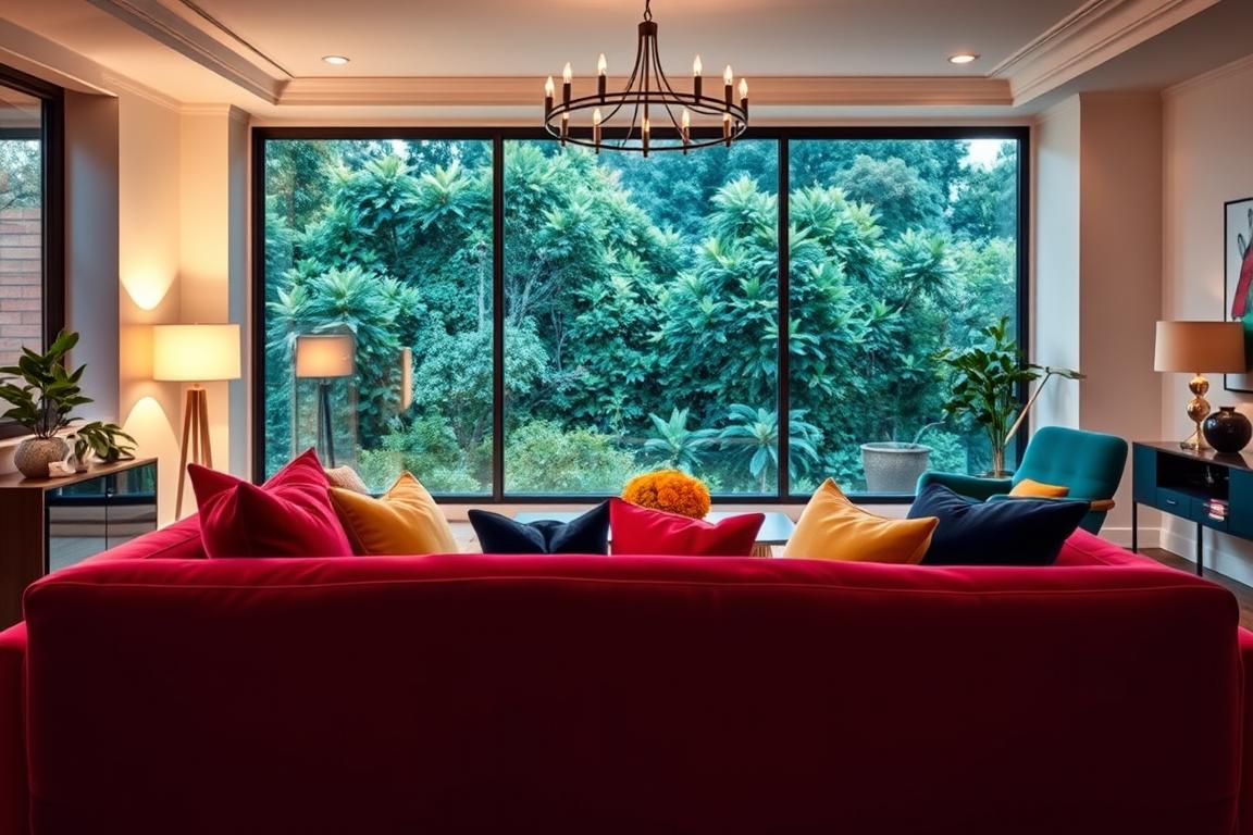 A vibrant and harmonious living room featuring a bold color scheme. In the foreground, a plush, jewel-toned velvet sofa serves as the focal point, its rich hues punctuated by a set of colorful throw pillows. Across the room, a mid-century modern armchair in a complementary shade adds depth and contrast. The walls are painted in a soft, neutral tone, allowing the colorful accents to take center stage. Indirect lighting from floor lamps and a sleek, minimalist chandelier creates a warm, inviting atmosphere. In the background, a large window offers a glimpse of a lush, verdant outdoor scene, further enhancing the sense of balance and tranquility. The overall composition evokes a sense of deliberate, yet effortless, design that seamlessly blends bold color choices with a harmonious, calming ambiance. A vibrant and harmonious living room featuring a bold color scheme. In the foreground, a plush, jewel-toned velvet sofa serves as the focal point, its rich hues punctuated by a set of colorful throw pillows. Across the room, a mid-century modern armchair in a complementary shade adds depth and contrast. The walls are painted in a soft, neutral tone, allowing the colorful accents to take center stage. Indirect lighting from floor lamps and a sleek, minimalist chandelier creates a warm, inviting atmosphere. In the background, a large window offers a glimpse of a lush, verdant outdoor scene, further enhancing the sense of balance and tranquility. The overall composition evokes a sense of deliberate, yet effortless, design that seamlessly blends bold color choices with a harmonious, calming ambiance.