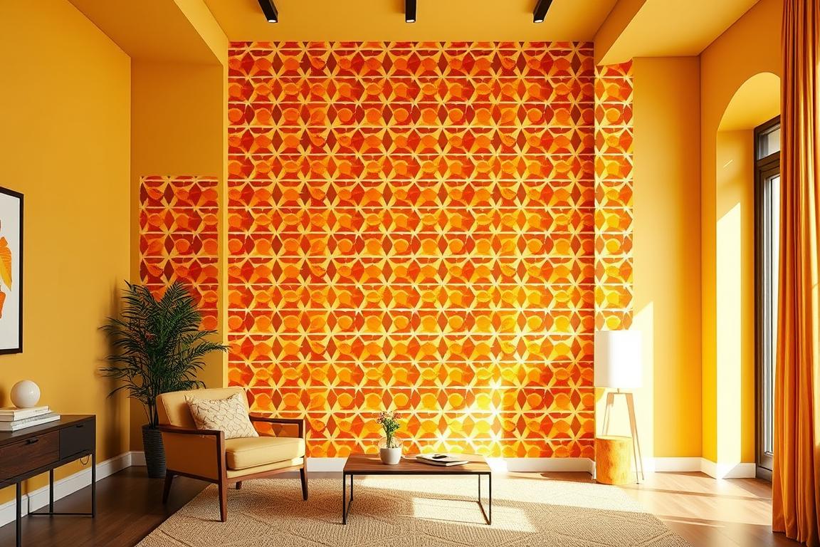 A vibrant and visually striking interior with a focal wall showcasing a bold, geometric pattern. The pattern features a playful blend of warm hues, such as ochre, terracotta, and mustard, creating a harmonious and inviting atmosphere. The lighting is soft and diffused, gently highlighting the texture and depth of the pattern. The surrounding walls are painted in a complementary neutral tone, allowing the patterned wall to take center stage as the room's main design feature. The furniture and decor in the space are minimal and understated, ensuring the patterned wall remains the star of the show. Overall, the image conveys a modern, yet cozy and inviting feel, perfect for showcasing the versatility of color and pattern in interior design.