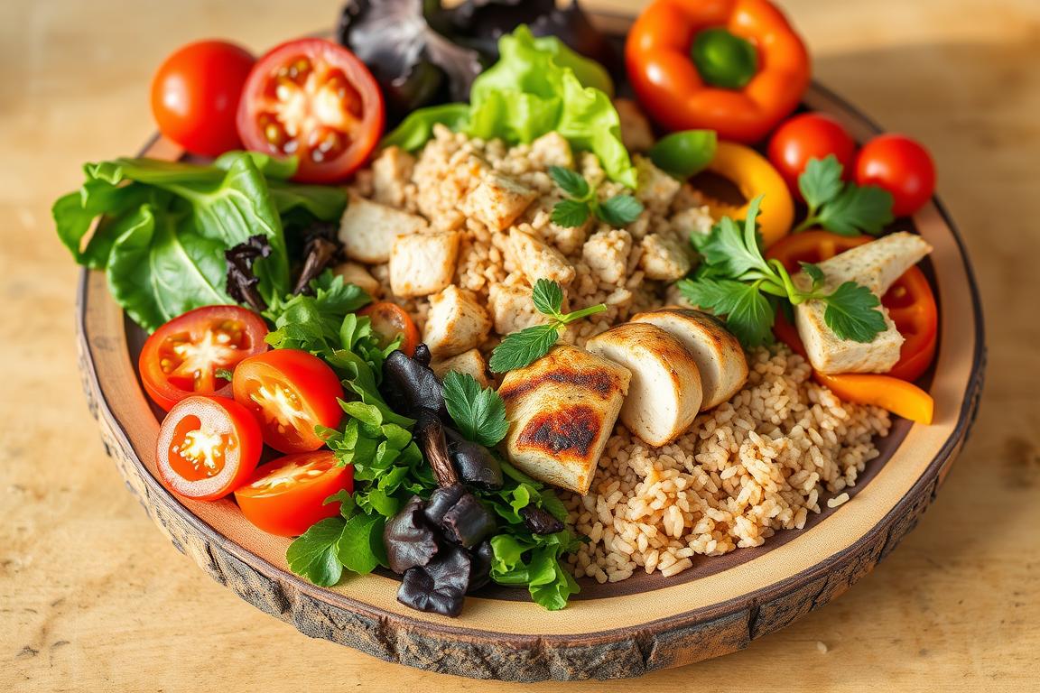 A vibrant, appetizing arrangement of healthy, balanced meal components on a rustic wooden plate. In the foreground, a variety of fresh, colorful vegetables - leafy greens, sliced tomatoes, and crunchy bell peppers. Nestled in the middle, tender grilled chicken or baked tofu, accompanied by a serving of whole grain brown rice or quinoa. Scattered around, delicate sprigs of herbs and a drizzle of olive oil or a zesty dressing. The lighting is natural and warm, casting a soft glow on the dish. The composition is visually appealing, promoting the concept of mindful, nutritious eating for improved well-being.