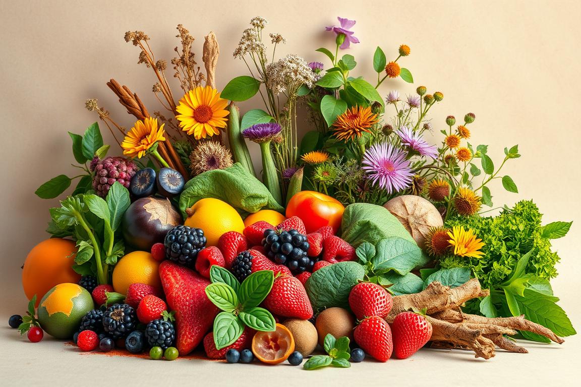 A vibrant still life against a soft, muted background. In the foreground, an array of vibrant, natural superfoods - juicy berries, lush leafy greens, and earthy roots. Behind them, a selection of secondary plant compounds - herbs, spices, and flowers - in various hues and textures, radiating an aura of vitality. The lighting is warm and diffuse, casting a gentle glow over the scene, highlighting the rich colors and intricate details. The composition is balanced and harmonious, conveying the synergistic relationship between antioxidants and secondary plant metabolites. An image that celebrates the inherent wellness properties of nature's most potent phytonutrients.