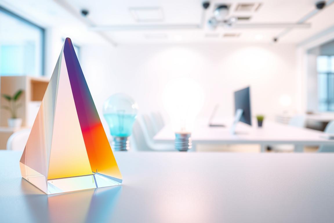 A vibrant visual representation of a light spectrum, showcasing various colors transitioning from warm yellow to cool blue. In the foreground, a transparent prism refracts light, displaying a vivid spectrum on a clean, white surface. The middle section features a close-up of standard LED bulbs emitting a soft glow, contrasted with a bright Tageslichtlamp bulb radiating a crisp, daylight-simulating light. In the background, an abstract environment resembling a modern workspace with soft, diffused lighting creates a calm and professional atmosphere. The image should convey clarity and educational intent, with a focus on color accuracy and light representation, using a slightly tilted angle for a dynamic perspective, and soft shadows to enhance depth.