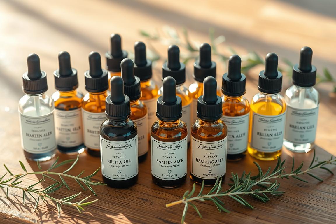 A well-lit, close-up scene of an assortment of small glass bottles containing various essential oils, neatly arranged on a wooden surface. The bottles have droppers and feature elegant, minimalist labels. Soft, warm lighting casts gentle shadows, creating a calming, soothing atmosphere. The bottles are surrounded by delicate sprigs of greenery, such as eucalyptus or rosemary, adding a natural, organic element. The overall composition has a balanced, harmonious layout, highlighting the beauty and therapeutic potential of the carefully selected essential oils.