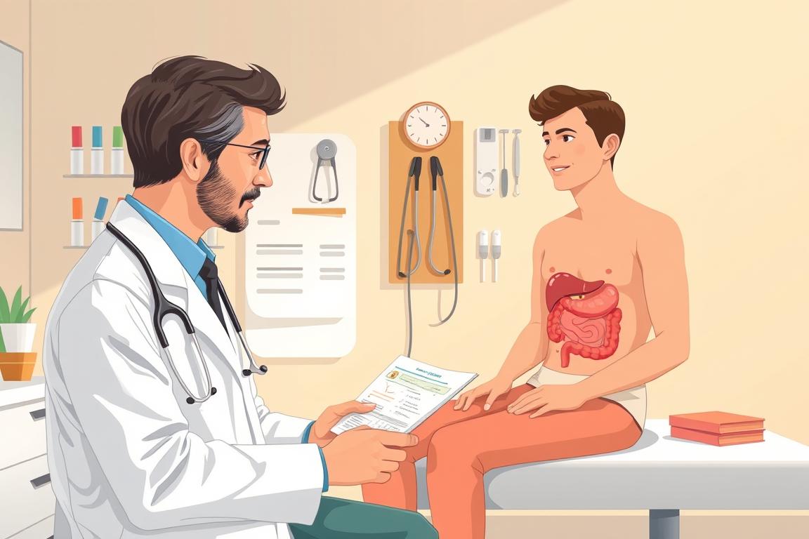 A well-lit, detailed illustration of a doctor's consultation for diagnosing stomach issues. In the foreground, a patient sits on an examination table, describing their digestive symptoms to a caring, attentive physician. The middle ground features various medical instruments and tools, hinting at the diagnostic process. The background depicts a warm, modern doctor's office setting, with soothing neutral tones and soft lighting. The overall scene conveys a sense of professionalism, empathy, and a systematic approach to identifying the root cause of the patient's gastrointestinal discomfort.