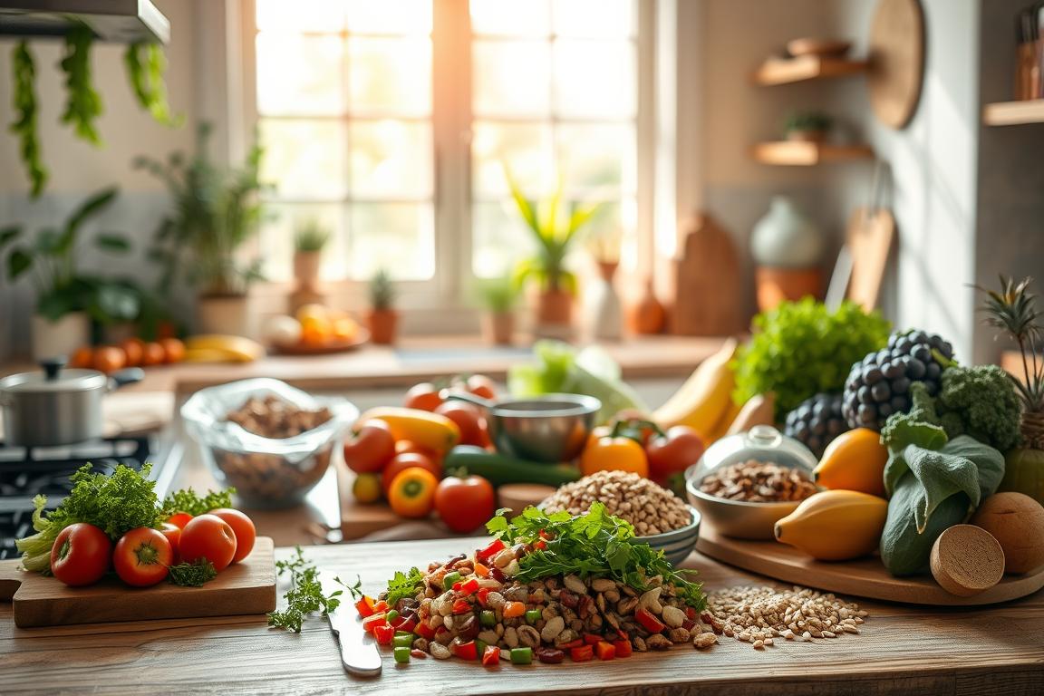 A well-lit, inviting kitchen scene with an abundance of fresh, colorful produce, whole grains, and healthy meal components filling the frame. Soft, natural lighting filters through large windows, casting a warm, cozy ambiance. In the foreground, a wooden cutting board showcases chopped vegetables and herbs, while a simmering pot on the stove suggests a nourishing meal in progress. The middle ground features a range of whole foods, such as fruits, nuts, and whole-grain breads, artfully arranged on a rustic table. The background softly fades to reveal a serene, plant-filled space, conveying a sense of balance and mindfulness around nutrition and lifestyle choices.