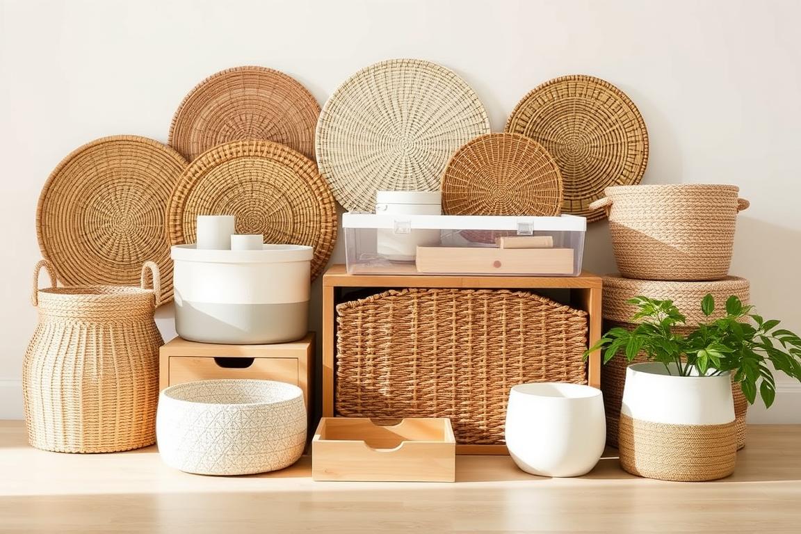 A well-organized and aesthetically pleasing collection of storage materials, including woven baskets, wooden boxes, and minimalist containers, arranged in a visually appealing manner against a clean, neutral background. The lighting is soft and diffused, creating a warm, inviting atmosphere. The scene captures the essence of the article's subject, showcasing a variety of storage solutions that can be used to enhance the décor of a living space. The overall composition is balanced and harmonious, emphasizing the decorative and functional qualities of the featured materials.