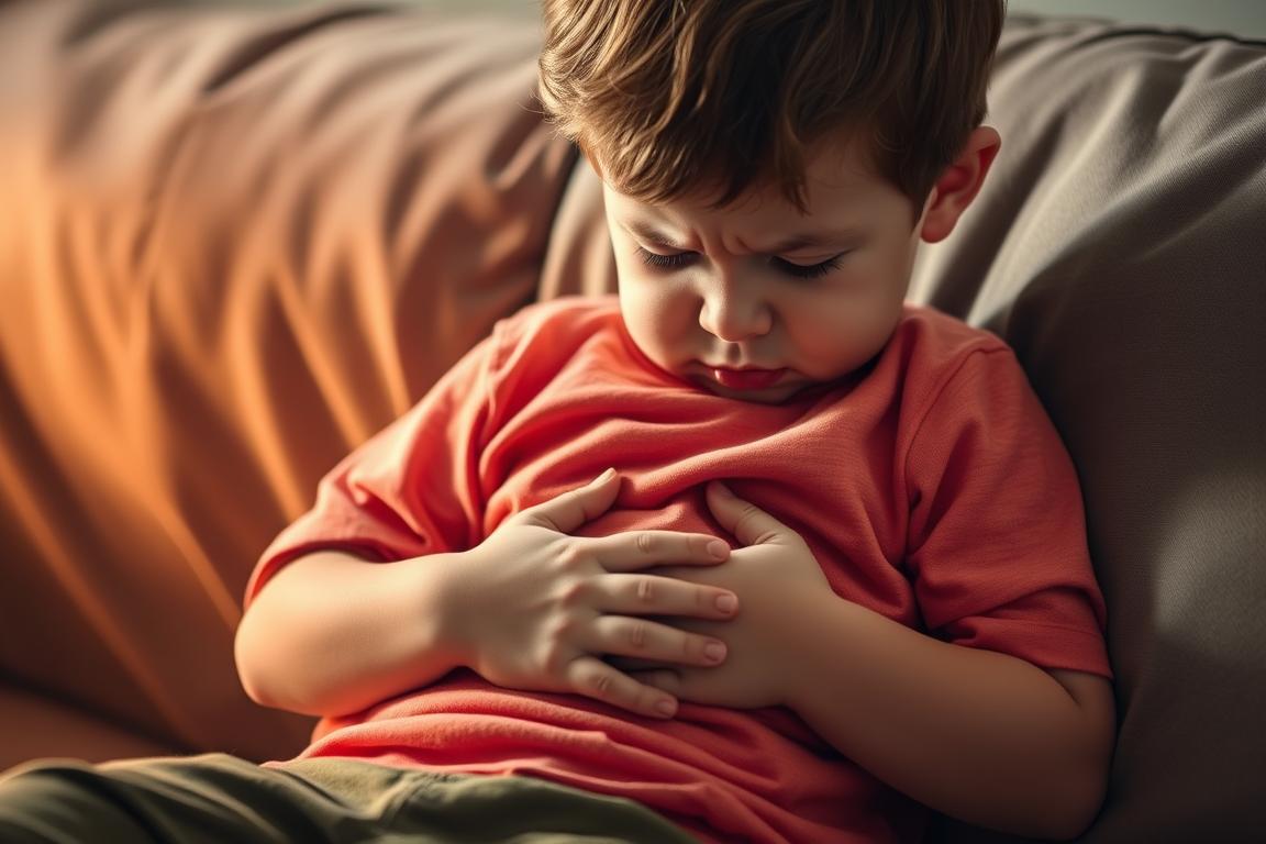 A young child resting on a couch, clutching their stomach in discomfort. The lighting is soft and warm, creating a soothing, intimate atmosphere. The background is blurred, keeping the focus on the child's pained expression. The child's pose conveys the physical and emotional distress of stomach pains, with a subtle frown and furrowed brow. The image aims to evoke empathy and a sense of understanding for the challenges children face with abdominal discomfort.