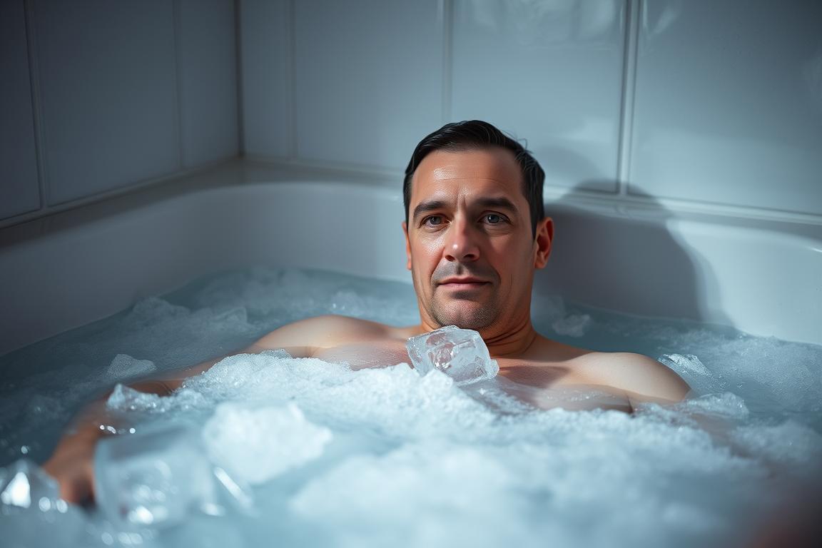 An intimate, dimly lit room showcases a person submerged in a tub filled with ice water, their face and body partially obscured by the frigid liquid. The subject's expression conveys a mixture of discomfort and determination, as they experience the benefits of cryotherapy - the therapeutic use of extreme cold to alleviate pain, reduce inflammation, and boost circulation. The scene is captured with a shallow depth of field, drawing the viewer's attention to the central figure while the background fades into a hazy, ethereal blur. Soft, indirect lighting casts dramatic shadows, heightening the sense of introspection and the transformative power of this cold-based therapy. An intimate, dimly lit room showcases a person submerged in a tub filled with ice water, their face and body partially obscured by the frigid liquid. The subject's expression conveys a mixture of discomfort and determination, as they experience the benefits of cryotherapy - the therapeutic use of extreme cold to alleviate pain, reduce inflammation, and boost circulation. The scene is captured with a shallow depth of field, drawing the viewer's attention to the central figure while the background fades into a hazy, ethereal blur. Soft, indirect lighting casts dramatic shadows, heightening the sense of introspection and the transformative power of this cold-based therapy.