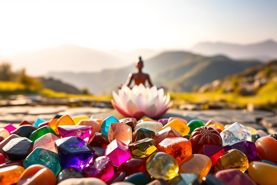 Chakren und Heilsteine: A vibrant display of spiritual energy and natural wonder. In the foreground, an array of polished gemstones in a harmonious array of colors, each radiating a unique aura. The middle ground showcases a serene meditation space, with a lotus flower in full bloom, symbolic of the seven chakras. The background is a soft, hazy landscape, with mountains and a calming sky that evokes a sense of balance and tranquility. The lighting is warm and diffused, creating a soothing, ethereal atmosphere. Captured with a wide-angle lens, the composition invites the viewer to immerse themselves in the holistic connection between the human energy system and the healing power of stones.