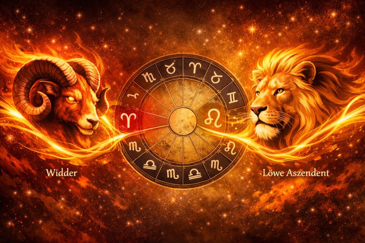 Detailed () concept illustration showing two fire signs merging: a Widder ram symbol on the left and a regal Löwe lion