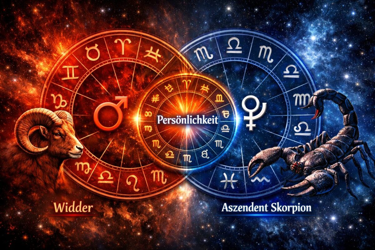 Detailed () concept illustration showing two overlapping astrological wheels: one in fiery Widder-rot with Mars symbol, one