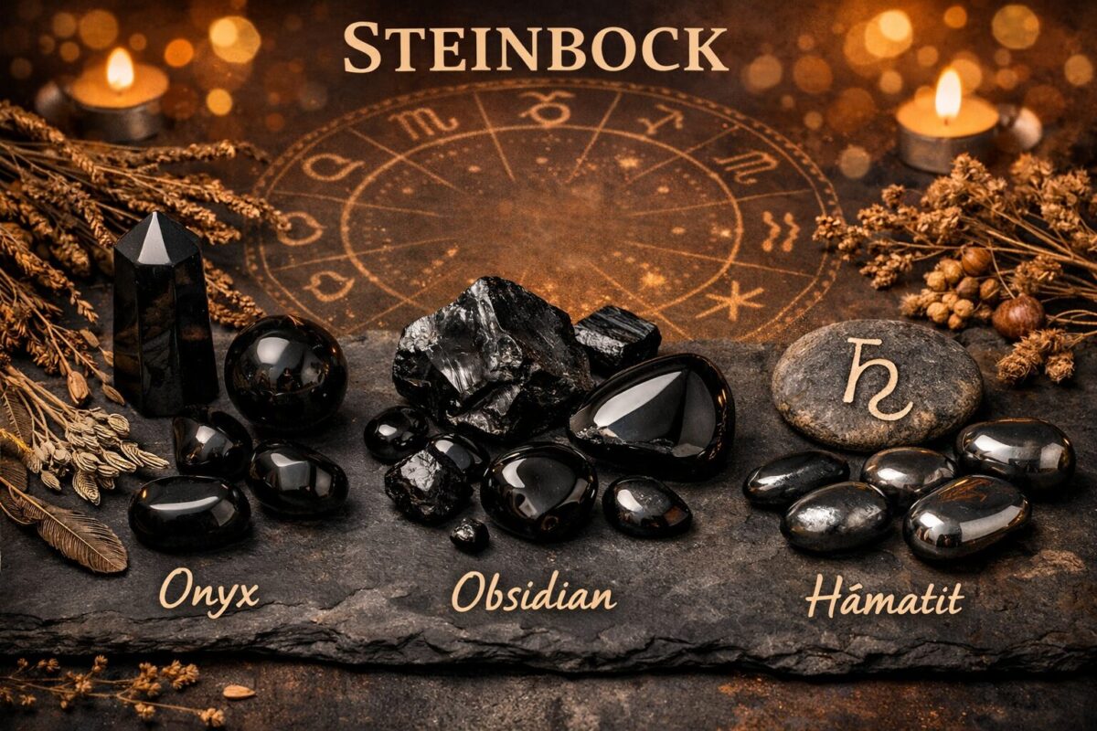 Detailed () flat-lay composition of Steinbock-associated crystals and healing stones — Onyx, Obsidian, Hämatit — arranged on