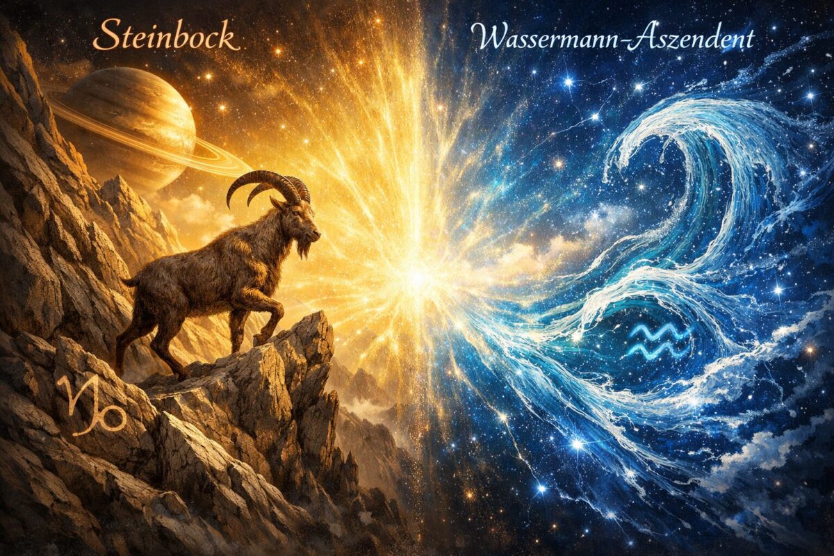 Detailed () illustration showing a split cosmic portrait: left side depicts the Steinbock (Capricorn) symbol — a mountain