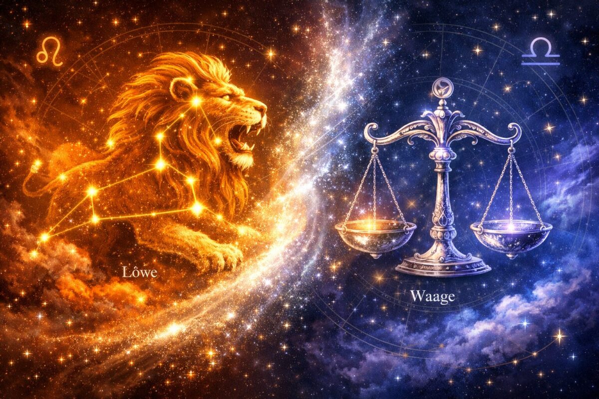 Detailed () illustration showing a split cosmic portrait: on the left, a golden lion constellation (Löwe) radiating warm