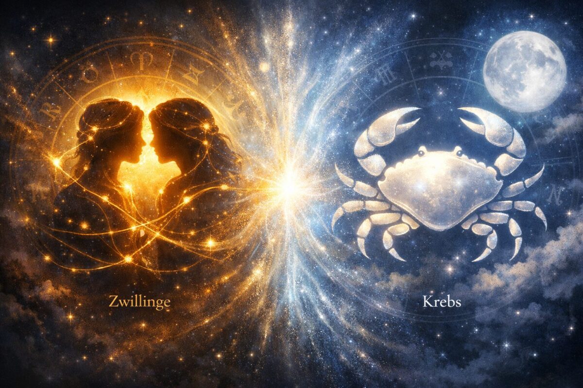 Sternzeichen Zwillinge mit Aszendent Krebs 1 Detailed () illustration showing a split cosmic portrait: on the left side, the Gemini twins represented as two silhouettes