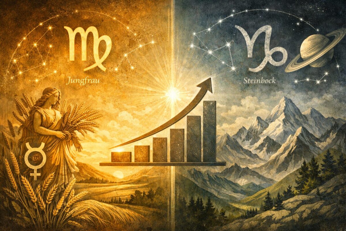 Detailed () illustration showing a split cosmic scene: left half depicts the Virgo symbol (Jungfrau) in warm golden tones