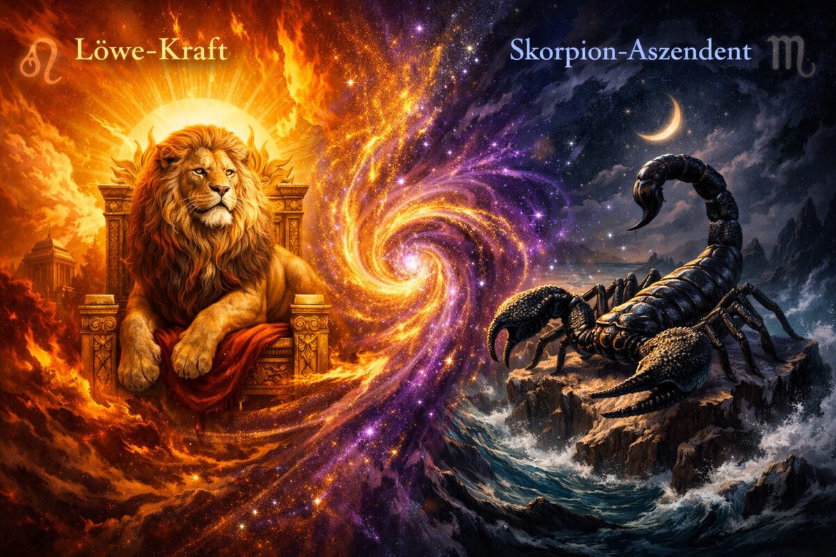 Sternzeichen Löwe mit Aszendent Skorpion 1 Detailed () illustration showing a split cosmic scene: left side depicts a regal golden lion seated on a sunlit throne with