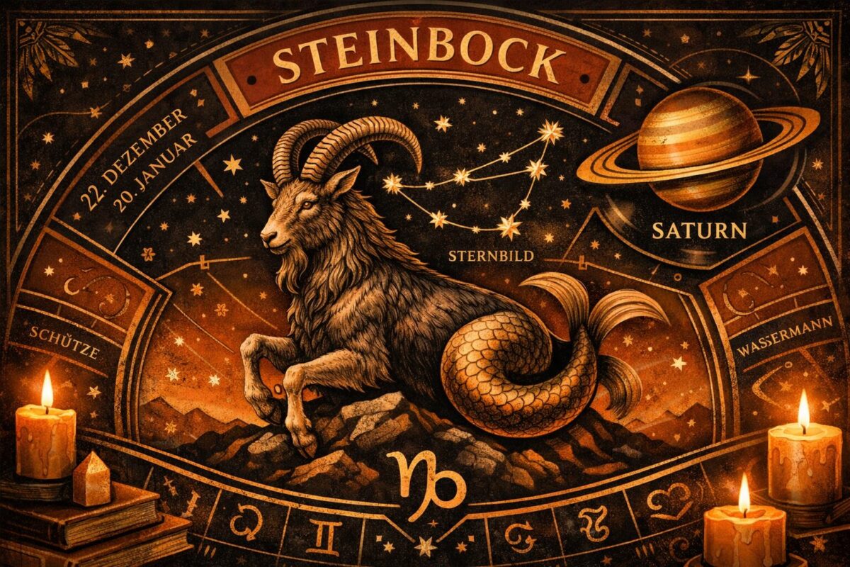 Detailed () illustration showing the Steinbock zodiac wheel segment highlighted in deep earth tones — terracotta, obsidian