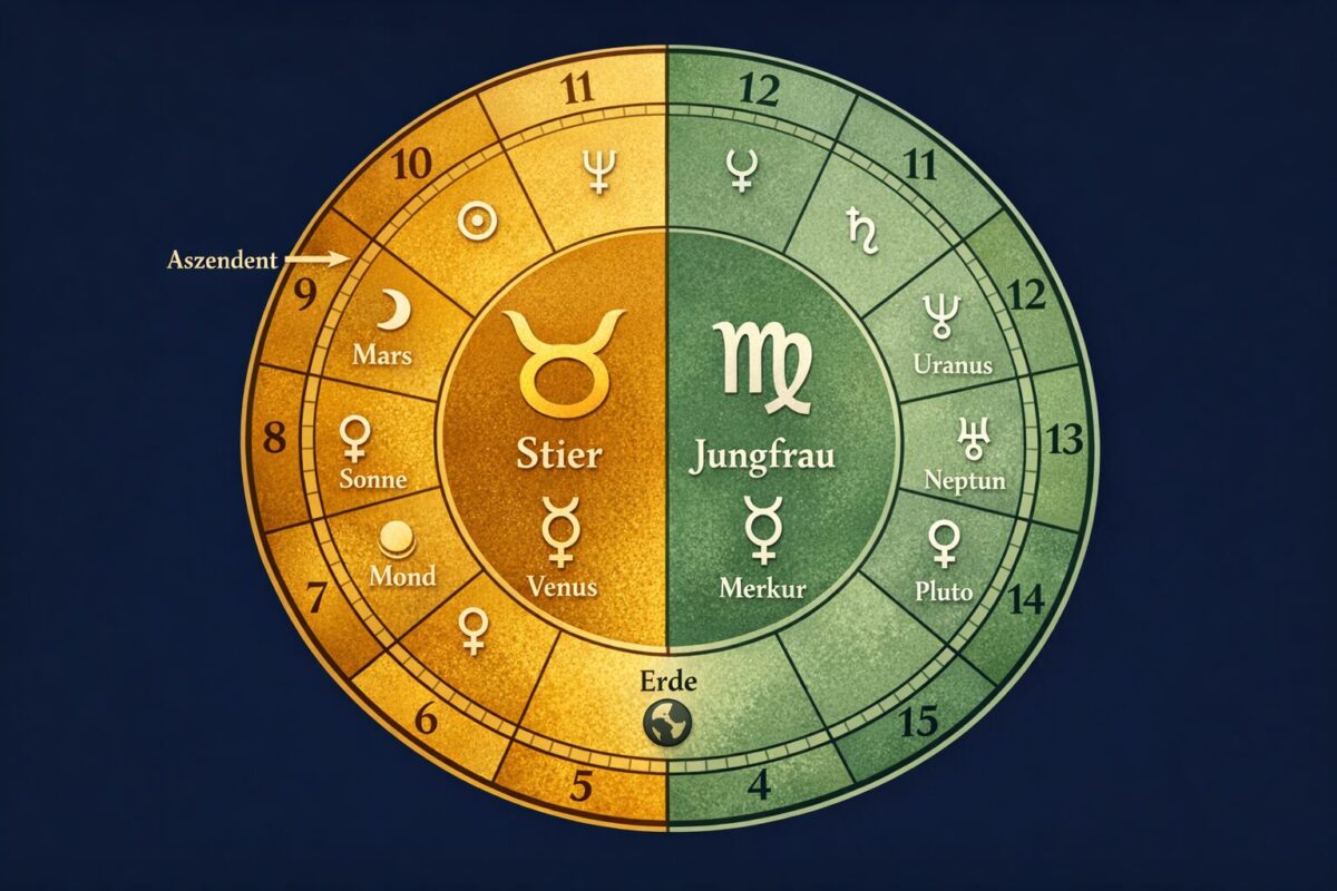 Detailed () illustrative astrology chart showing the Taurus-Virgo combination. A split circular birth chart wheel on a dark