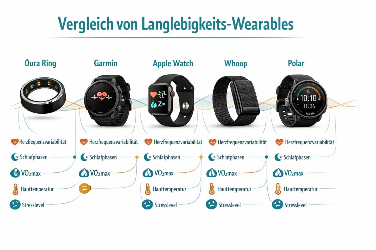 Detailed () infographic-style illustration showing a side-by-side comparison of five popular longevity wearables (Oura Ring,