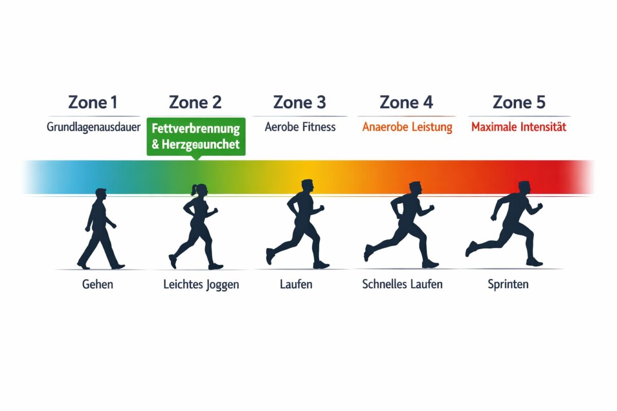 Detailed () infographic-style illustration showing five horizontal training zones on a bar from light blue (Zone 1) to deep