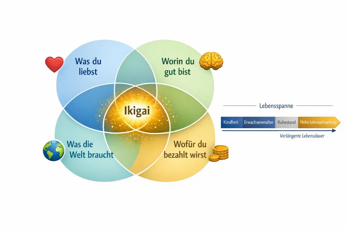 Ikigai: Warum ein Lebenssinn deine Lebensspanne verlÀngert 1 Detailed () infographic-style illustration showing four overlapping circles in a Venn diagram labeled in German: 'Was du