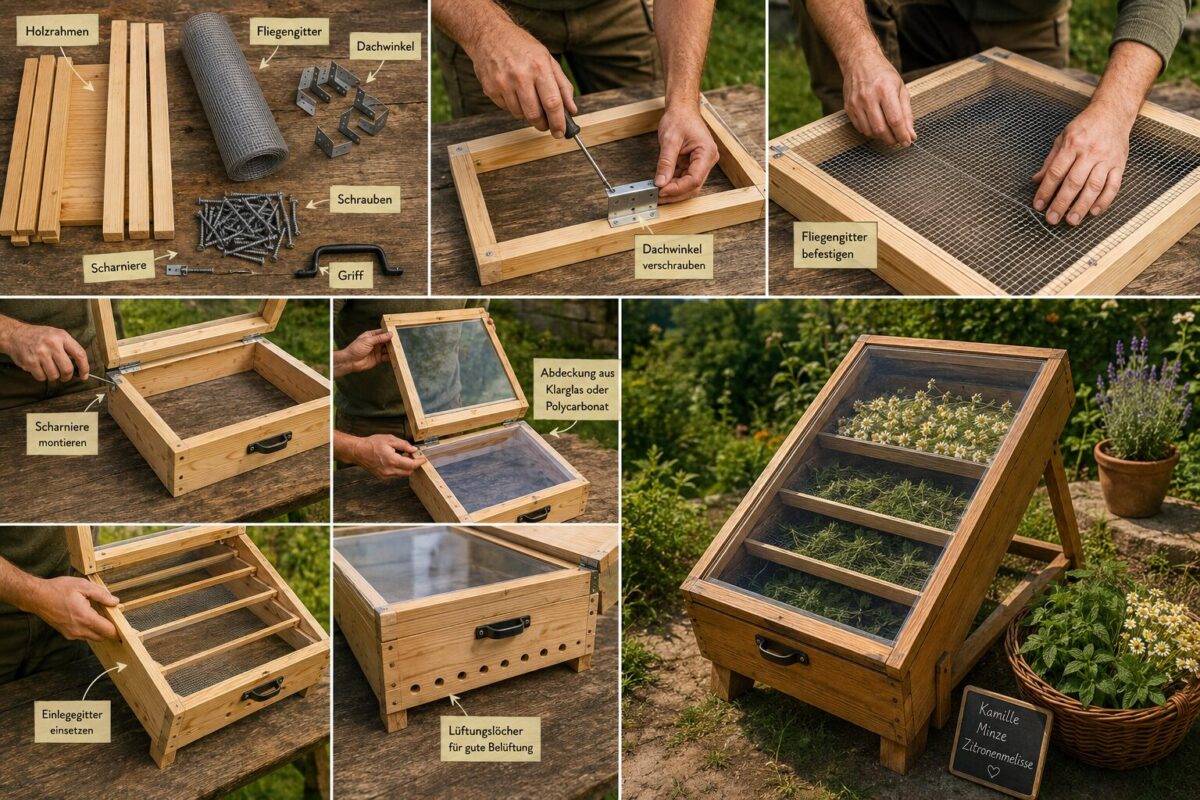 Einen eigenen Solar-Dörrer für Kräuter ohne Strom bauen – Der komplette Ratgeber 1 Detailed () instructional collage showing the step-by-step construction of a solar herb dryer: top-left shows raw wooden