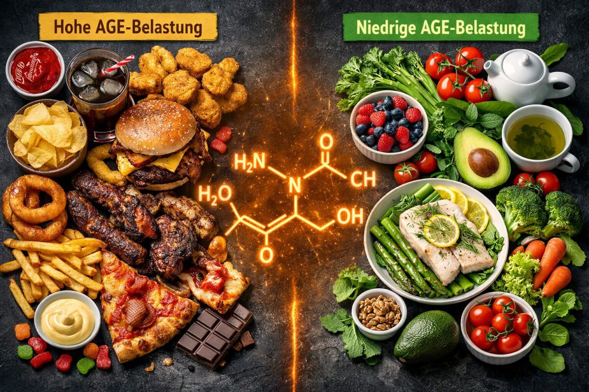AGEs im Körper: Wie versteckter Zucker unsere Zellen buchstäblich karamellisiert 2 Detailed () overhead flat-lay food photography showing two contrasting meal arrangements on dark slate surface. Left