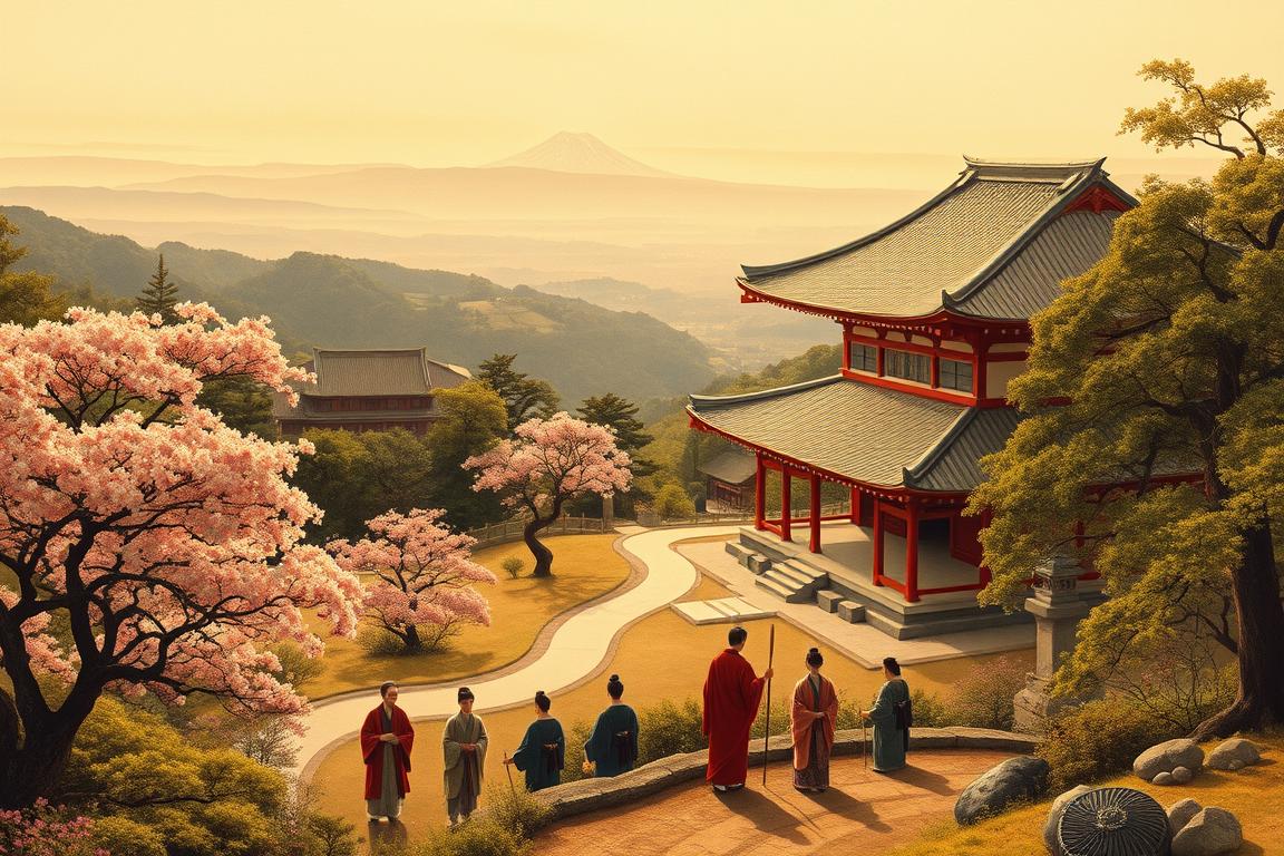 Detailed portrait of a traditional Japanese scene from the Meiji era, showcasing the historical context and cultural influences that inspired the work of Mikao Usui. A serene landscape with a temple nestled amidst lush foliage, illuminated by warm, soft lighting. In the foreground, a group of elegantly dressed figures engaged in a traditional ceremony, their movements graceful and deliberate. The middle ground features a winding path leading to the temple, flanked by iconic Japanese architecture and cherry blossom trees in full bloom. The background is a panoramic view of rolling hills and a distant Mt. Fuji, evoking a sense of tranquility and timelessness. Capture the essence of the Meiji era's cultural renaissance and its profound influence on Usui's spiritual journey. Detailed portrait of a traditional Japanese scene from the Meiji era, showcasing the historical context and cultural influences that inspired the work of Mikao Usui. A serene landscape with a temple nestled amidst lush foliage, illuminated by warm, soft lighting. In the foreground, a group of elegantly dressed figures engaged in a traditional ceremony, their movements graceful and deliberate. The middle ground features a winding path leading to the temple, flanked by iconic Japanese architecture and cherry blossom trees in full bloom. The background is a panoramic view of rolling hills and a distant Mt. Fuji, evoking a sense of tranquility and timelessness. Capture the essence of the Meiji era's cultural renaissance and its profound influence on Usui's spiritual journey.