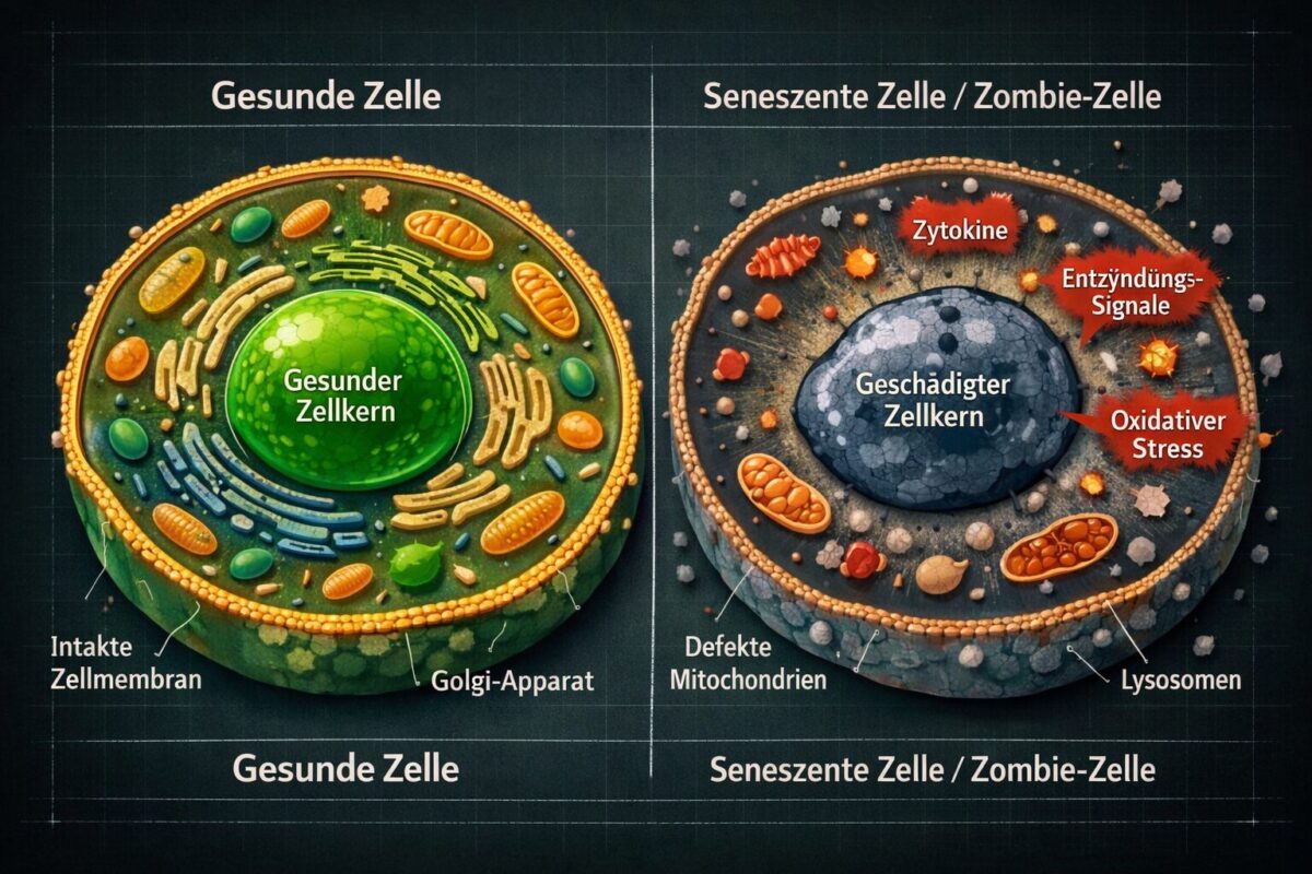 Senolytika: Wie Fisetin und Quercetin deine "Zombie-Zellen" zerstören 1 Detailed () scientific illustration showing a cross-section comparison of a healthy cell versus a senescent zombie cell side