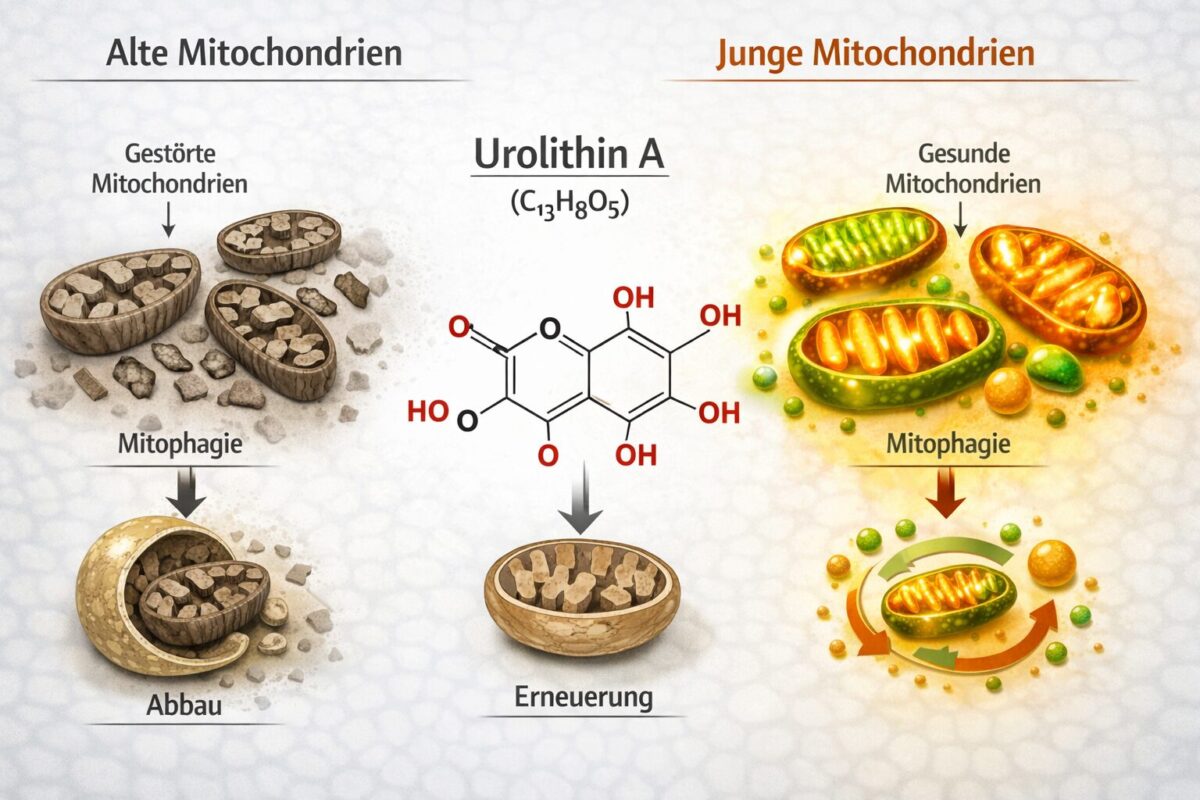 Detailed () scientific illustration showing a split-scene comparison: on the left, aged, fragmented mitochondria rendered in