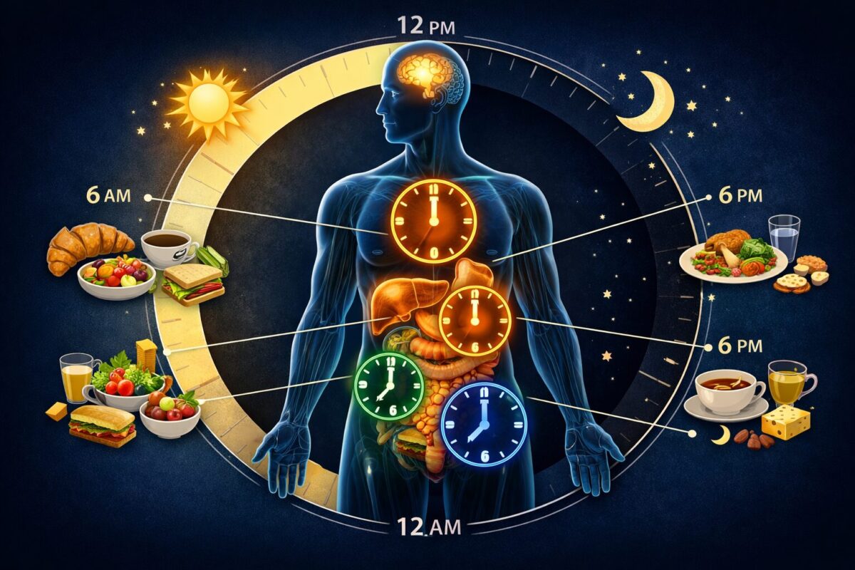Chrono-Ernährung: Warum deine innere Organuhr bestimmt, ob Essen dich altern lässt 1 Detailed () scientific illustration showing the human circadian organ clock system: a cross-section diagram of the human