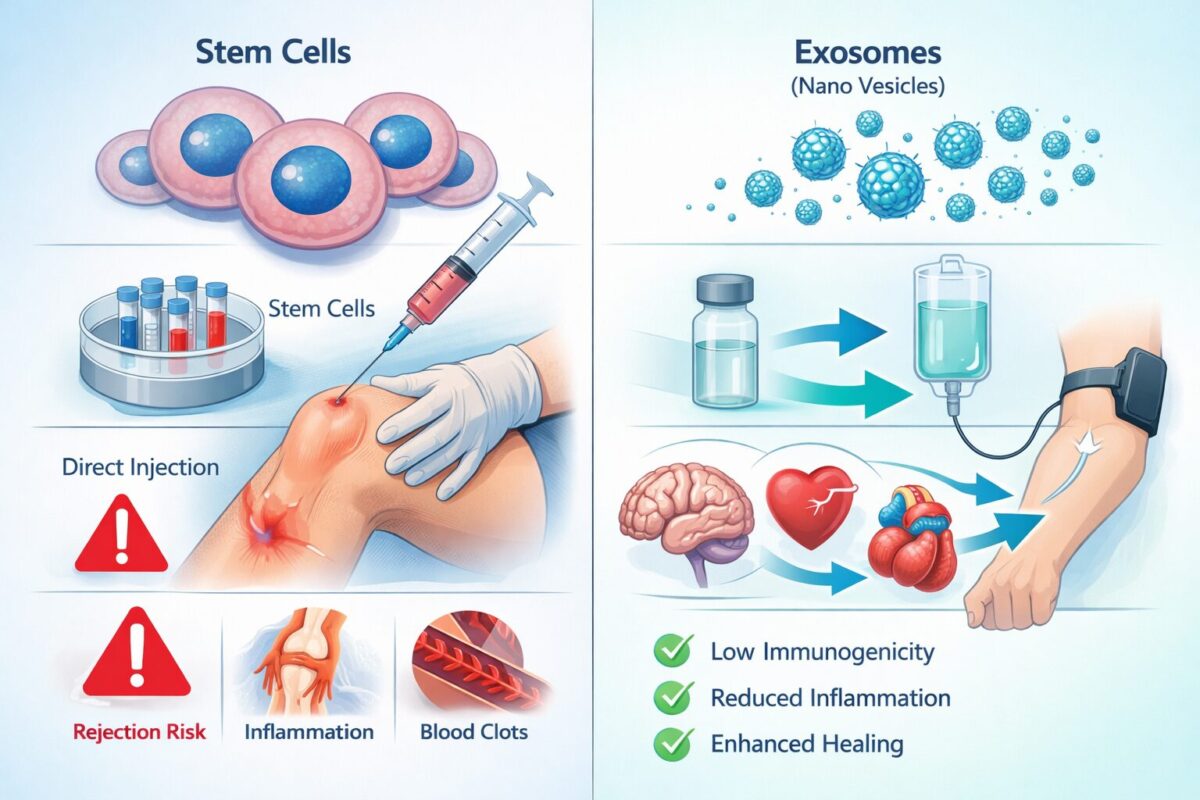 Detailed () scientific infographic illustration: a split-panel comparison showing traditional stem cell therapy on the left