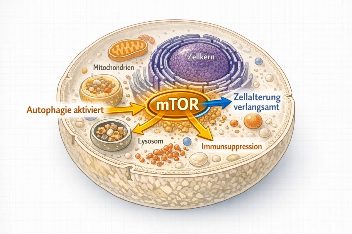 Detailed () scientific infographic illustration: cross-section diagram of a human cell showing the mTOR signaling pathway