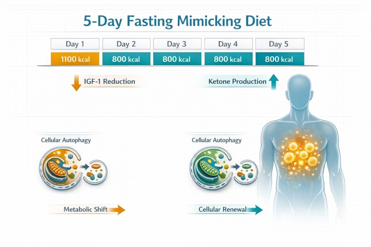 Detailed () scientific infographic illustration showing a 5-day fasting mimicking diet timeline with a horizontal calendar