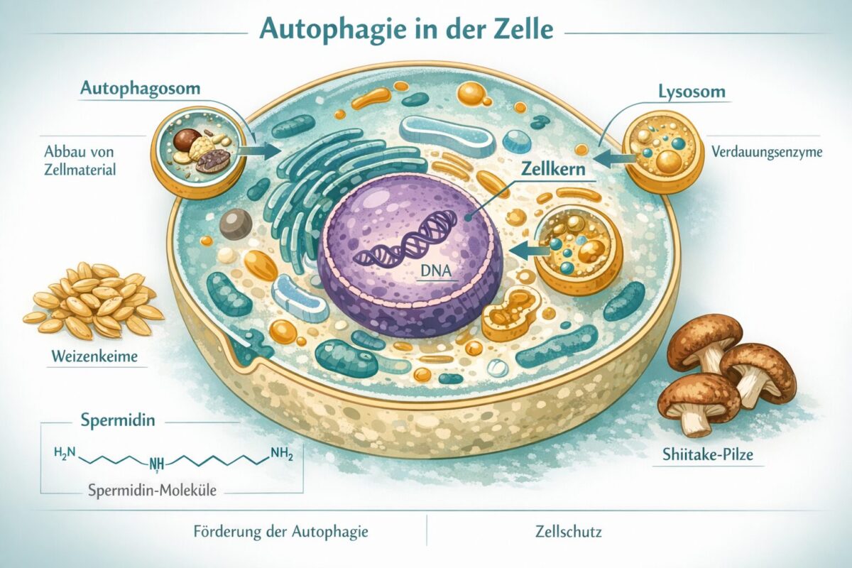 Detailed () scientific infographic illustration showing a cross-section of a human cell undergoing autophagy with labeled