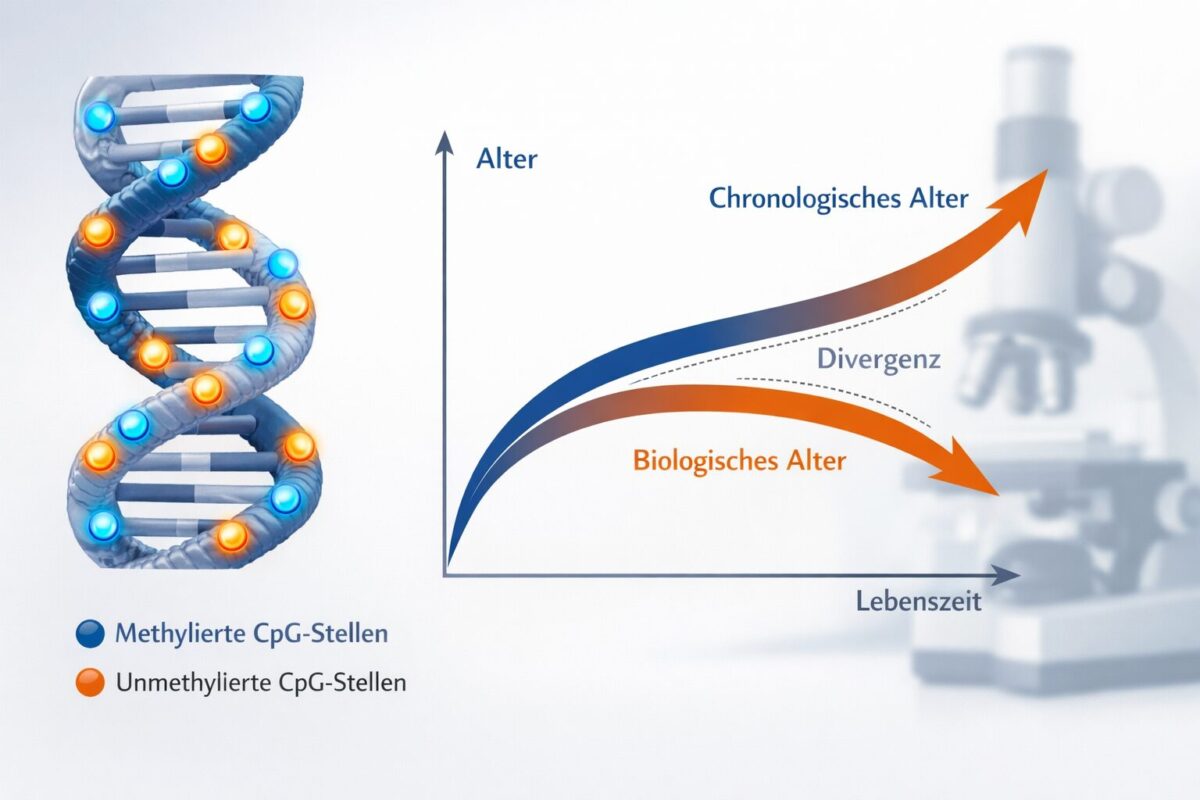 Detailed () scientific infographic illustration showing a human DNA strand with CpG methylation sites marked as glowing dots