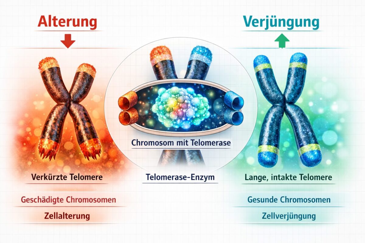 Telomere: Können wir die biologische Uhr zurückdrehen? 1 Detailed () scientific infographic illustration showing a split comparison: left side depicts shortened, frayed telomere